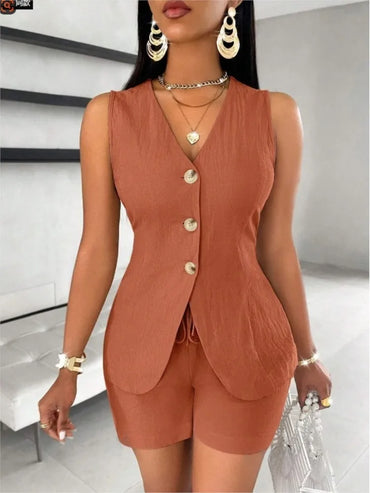 2025 New Women Fashion Casual Set Of 2 Pieces Summer Top Button Elegant Solid Office Holiday Short Pant Suit Womens Clothing