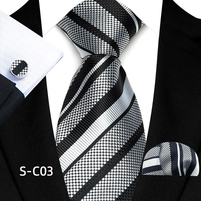 Business Mens Tie Luxury Striped 8cm NeckTie Pocket Square Cufflinks Set For Men Formal Fashion Wedding High Quality Gravata