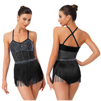 Women Tassel Latin Jazz Salsa Leotard Dance Dress Tango Dance Costumes Sheer Mesh Patchwork Rhinestones Fringed Bodysuit Dress