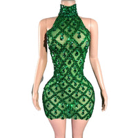 Sparkly Rhinestones Short Dress for Women Sexy Mesh Transparent Celebrate Evening Prom Event Birthday Dress Photo Shoot Wear