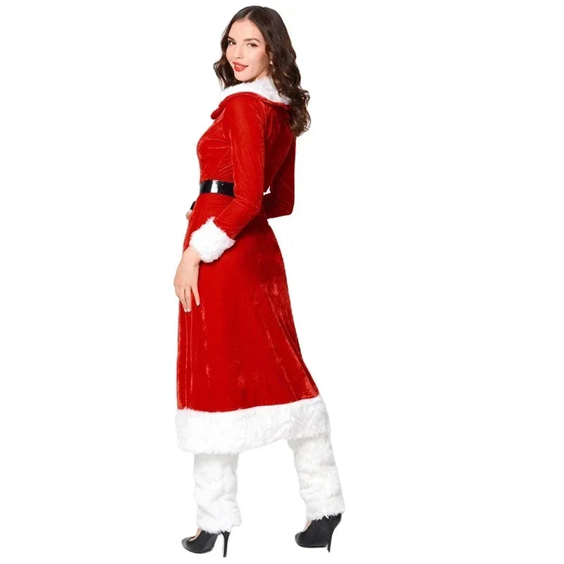 Women Red Velvet Sexy Christmas Costume Xmas Party Cosplay Santa Claus Long Sleeved Coat Suit Christmas Performance Clothing