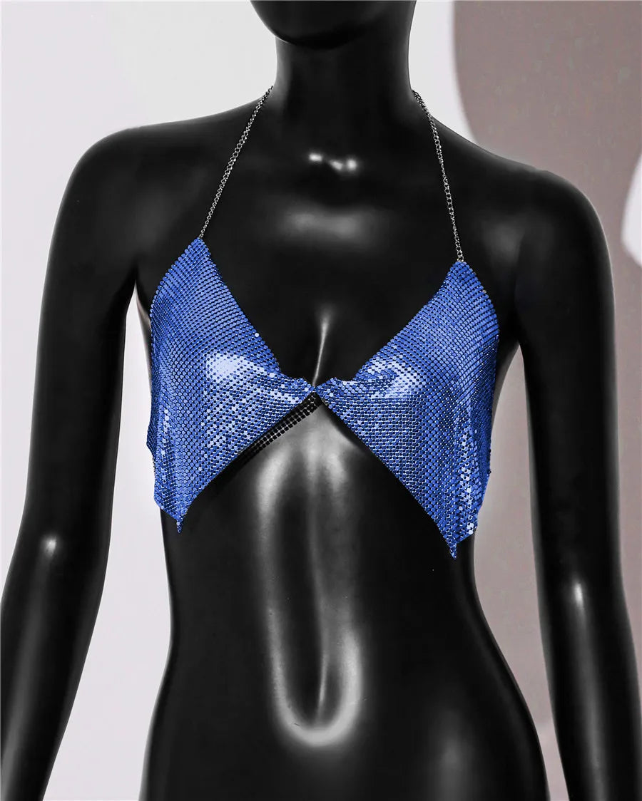 AKYZO Fashion Metal Sequins Camisole Summer Women Backless Halter Neck Off The Shoulder Crop Top Rave Vocal Concert Tank Top