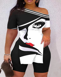 2023 Sexy Summer Fashion Printed Two Piece Set Short Sleeve Split T-Shirt shorts