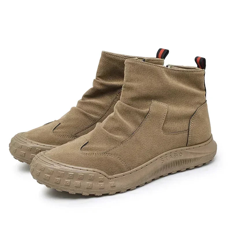 Men's Boots High Cut Workwear Shoes Autumn New Zipper Pleated Non Slip Comfort Thick Soled Wear-resistant Fashion Flat Boots