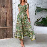 Women Vintage Print Maxi Dresses Summer Casual V Neck Short Sleeve Elastic Waist Dress Female Boho Beach Big Swing Long Dresses