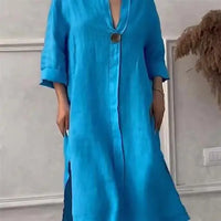 Women's Casual Button-Up Linen irt Long Ne round Color Blo  Pet Clothing Accories