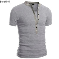 2026 Men's Summer Casual Shirts Solid V-neck Button Slim Fit T-Shirts for Men Fashion Short Sleeve Tees Tops Men Clothing S-3XL