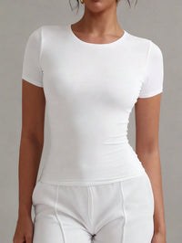 Women's White Solid Round Neck Short Sleeve Fitted T-Shirt for Summer Casual Wear