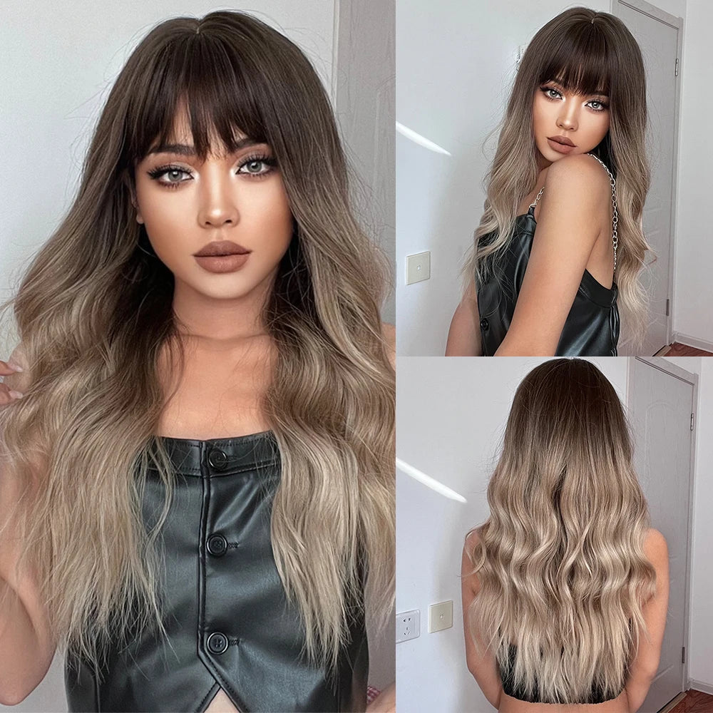 Blonde Unicorn Synthetic Long Wavy Wig Ombre Purple to Blue for Woman Cosplay Halloween Wigs Heat Resistant Fiber Bangs Hair