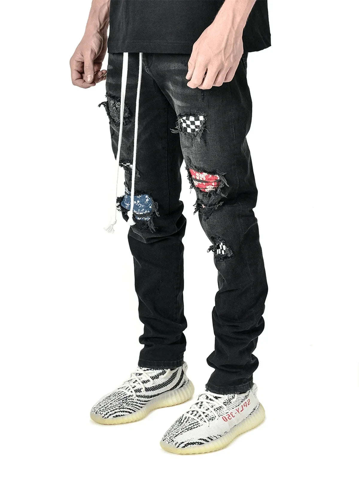 Men Jeans Denim Pants Pencil Pant Slim Fit Hole Print Pockets Straight Trousers Casual Elastic Waist Lace Up Autumn 2024