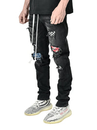 Men Jeans Denim Pants Pencil Pant Slim Fit Hole Print Pockets Straight Trousers Casual Elastic Waist Lace Up Autumn 2024