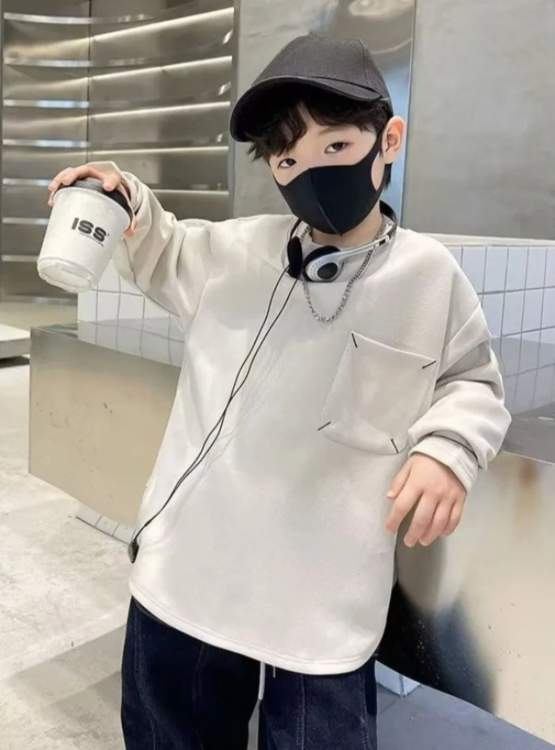 Sweatshirt Boys' Long Sleeve T-Shirt Spring 2025 New Solid Color Simple Stylish Casual Big Kids Top for 6-8 Years Old