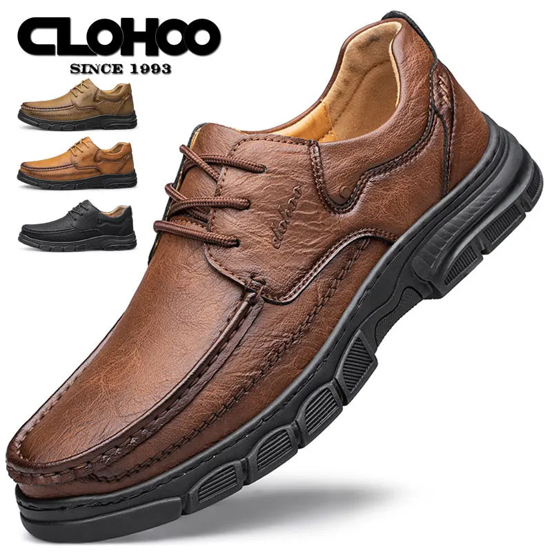 CLOHOO Men's Handmade Thick Rubber Bottom Breathable Casual Leather Shoes Classic Sewn Loafers Comfortable Leisure Footwear