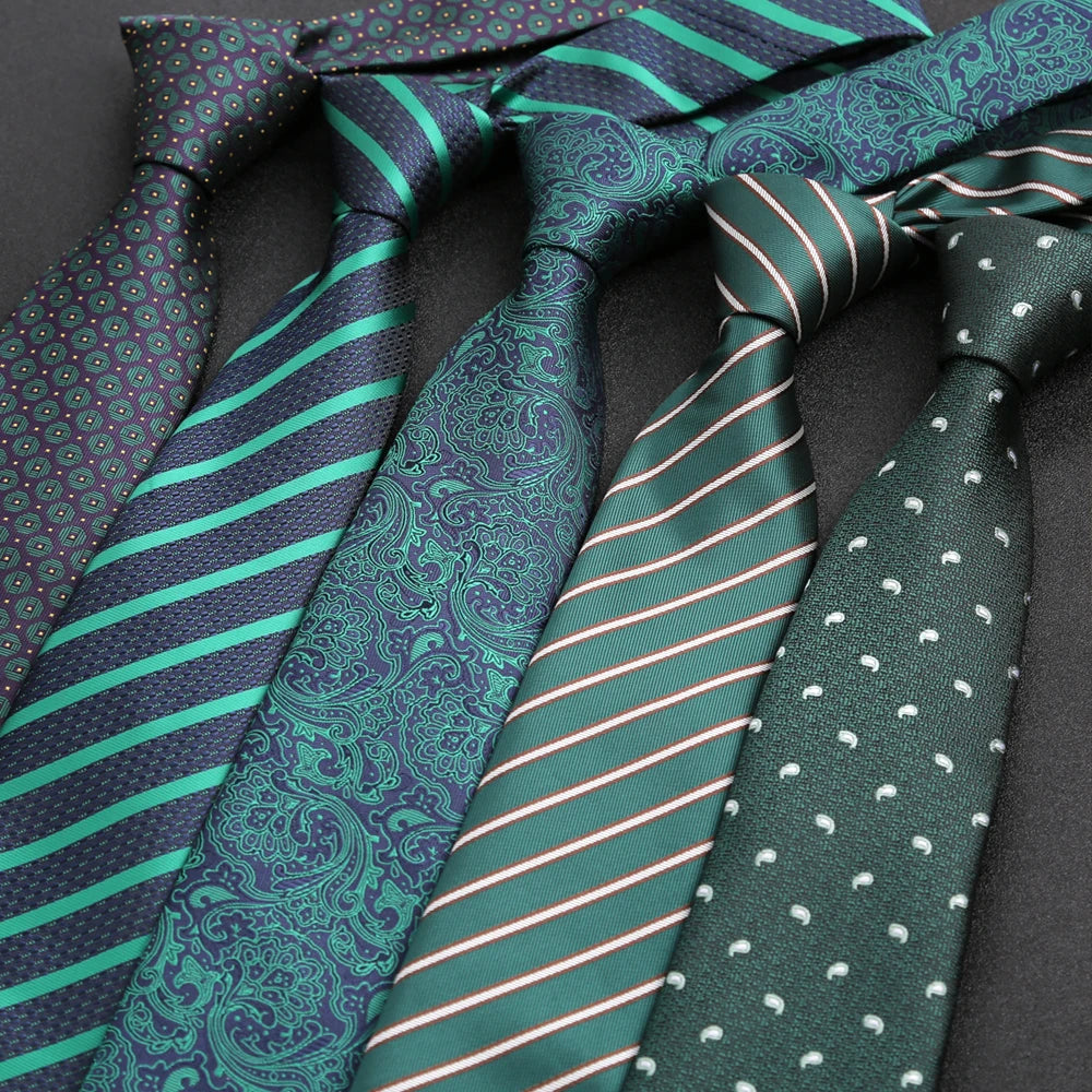 Luxury 8CM Mens Necktie Dark Green Color Dot Plaid Stripes Ties For Man Groom Jacquard Woven Neck Tie For Business Party