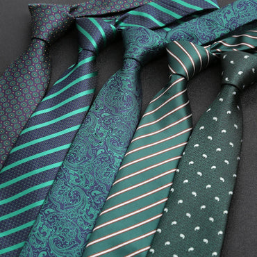 Luxury 8CM Mens Necktie Dark Green Color Dot Plaid Stripes Ties For Man Groom Jacquard Woven Neck Tie For Business Party