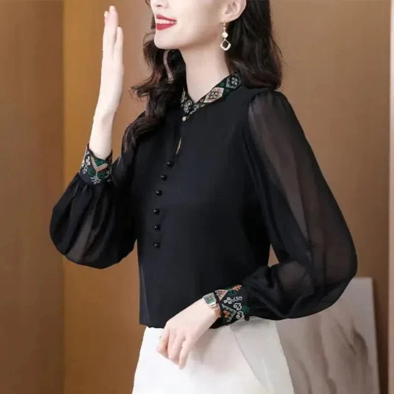 Spring Women Clothing Chiffon Shirt Stand Collar Embroidered Button New Chinese Style Fashion Elegant Long Sleeve Loose Tops