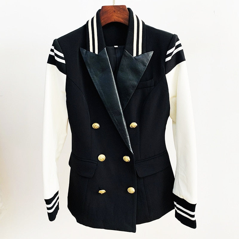 HIGH STREET New Fashion 2023 Stylish Blazer Varsity Jacket Women's Leather Sleeve Patchwork Lion Buttons Blazer