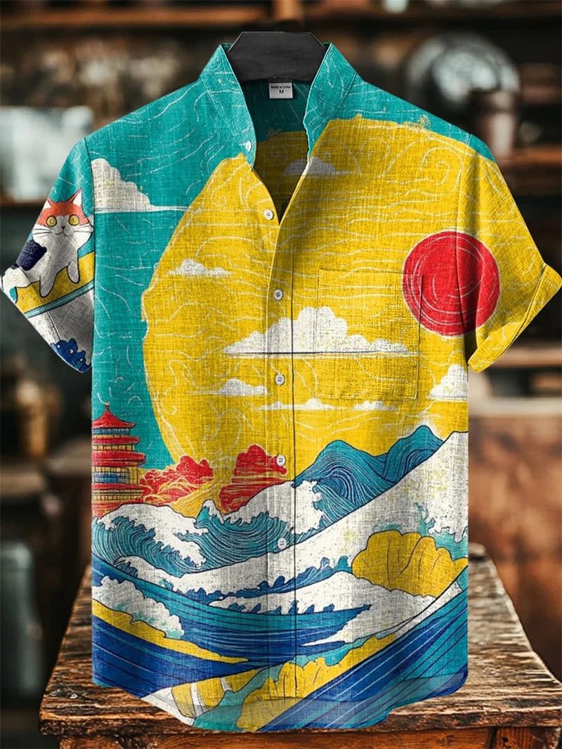 3D Printing Sea Wave Linen 80% Men's Short Sleeve Shirt Fashion Shirt Casual Harajuku Street Clothing Holiday Shirt Summer