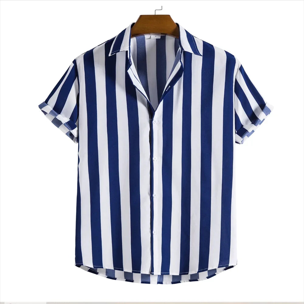2024 men's shirt button shirt summer shirt 8 color short -sleeved striped striped lapel fashion Hawaiian casual beach shirt