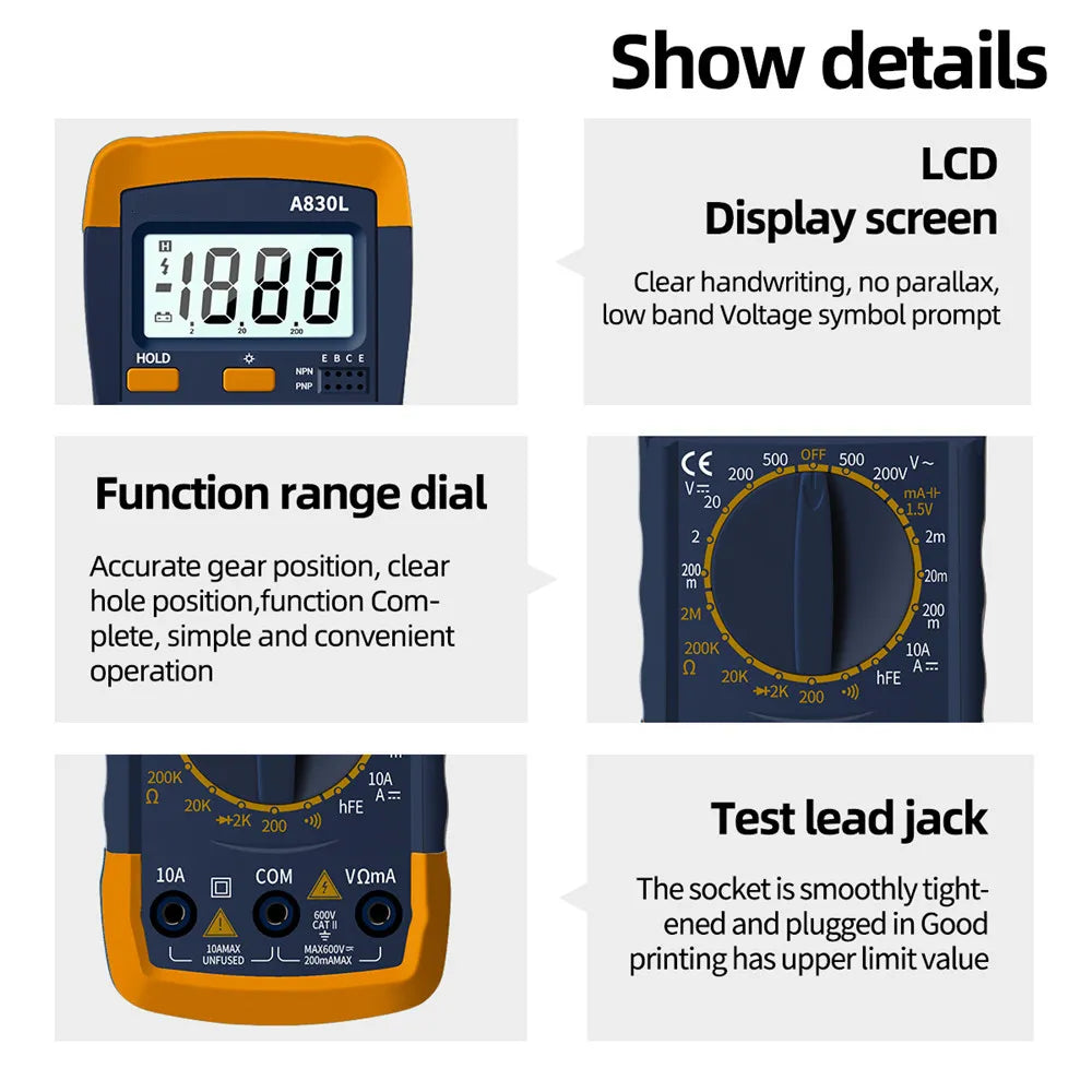 A830L LCD Digital Multimeter AC DC Voltage Diode Freguency Multitester Current Tester Luminous Display with Buzzer Function