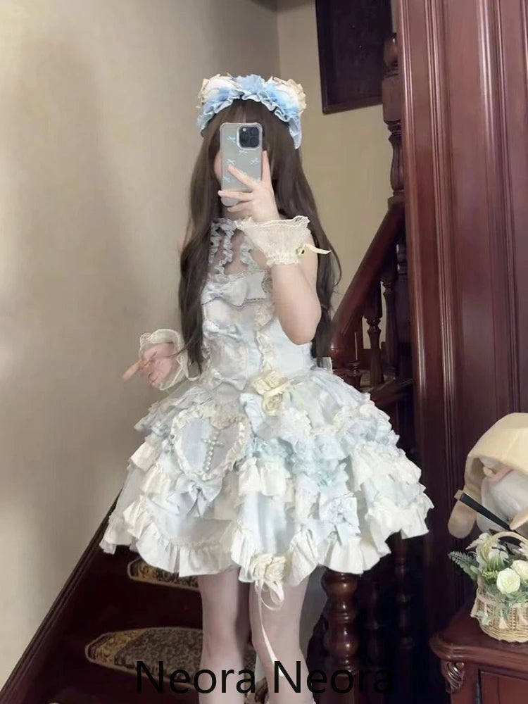 Lovely Kawaii Slash Neck Slim Lolita Dress Women Sweet Design Bow Off Shoulder Sling Dresses Elegant Cute Pretty New Clothing