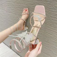 2023 Summer Luxury Women Sandals For Weddings Bride Shoe Golden Sandal Rhinestone Snake Wrap High Heel Birthday Party Shoes