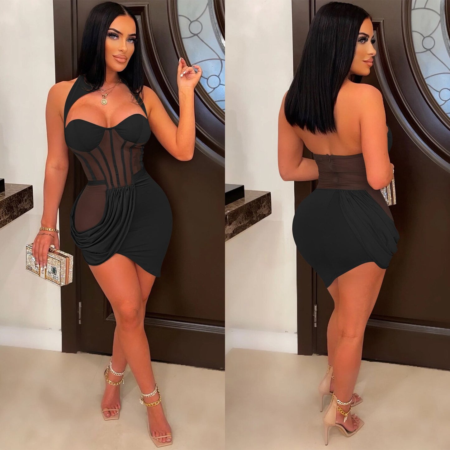 Sexy Nude Mesh Insert Caged Mini Dress Sexy Party Night Club Outfits