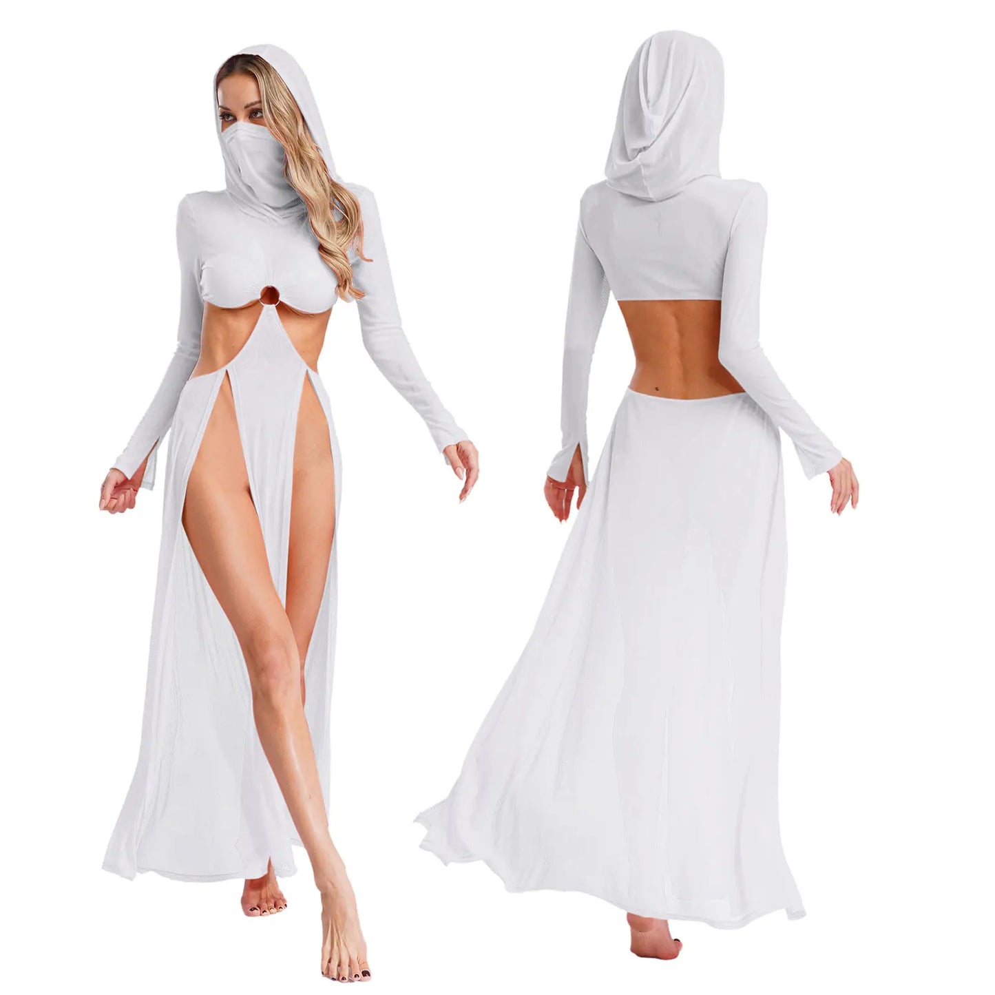 Women Sheer Dress with Hooded Face Mask Maxi High Slit Sexy Mesh Dress Long Sleeves Hollow Out Sheer Dress Cover Up Swimwear
