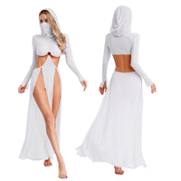 Women Sheer Dress with Hooded Face Mask Maxi High Slit Sexy Mesh Dress Long Sleeves Hollow Out Sheer Dress Cover Up Swimwear