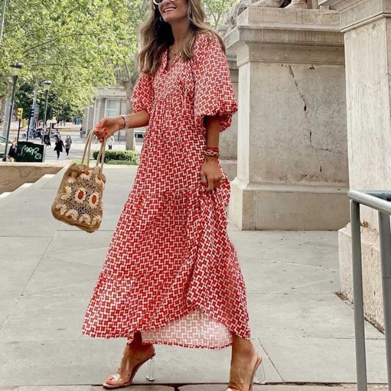 Women Puff Sleeve Dress 2023 New Summer Elegant Boho Holiday Beach Dress Vestidos Female Casual Floral Half Sleeve V-Neck Dress