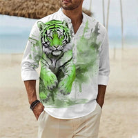 Men's 3D Button Shirt T-shirt Summer New Fashion Personalized Graffiti Standing Collar Casual Long sleeved Shirt Extra Large