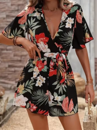 Loose High Waisted Short Sleeve Jumpsuit V-neck Printed Women Jumpsuit Beach Vacation Comfortable Summer Clothes