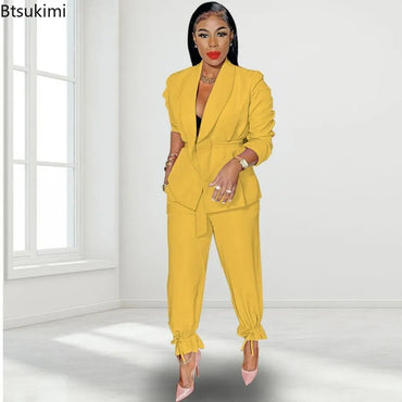 2023 Women's 2PCS Pants Set Solid Lace up Long Sleeve Blazer Suits and Pants for Ladies Slim Fit Casual Two Piece Sets Outfits