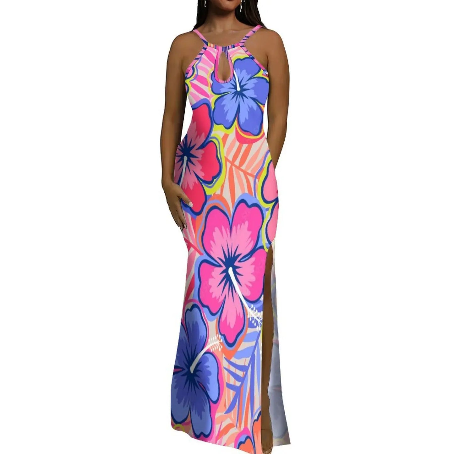 Halter Water Drop Floor-Length Dress For Polynesian Ladies Custom-Made Floral Pattern Evening Dress Stunning Summer Dress