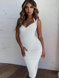 Fantasy Spaghetti Strap Halter V Neck Midi Bodycon Dress Summer Bandage Dress White Elegant Cocktail Night Out Party Dress Sexy