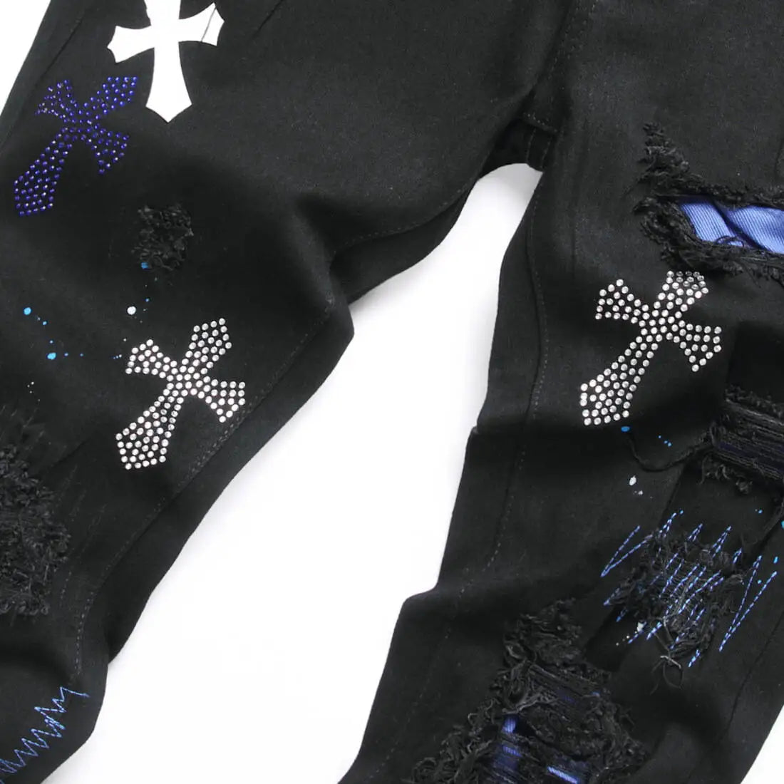 European Jeans With Distressed Patches, Black Trendy Elastic Slim Fit Leggings, Personalized Men's Pants