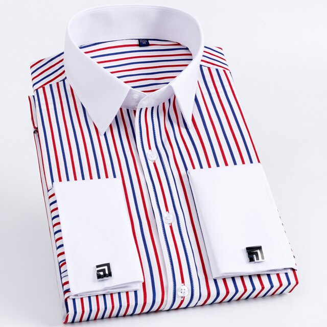 Men's Classic French Cuff Long Sleeve Stripe Dress Shirt Without Pocket Formal Business Standard-fit Wedding Party Social Shirts