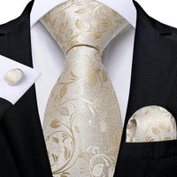 Hi-Tie Champagne Floral Paisley Silk Elegant Tie For Men Groom Wedding Men Necktie Pocket Square Cufflink Accessory Wholesale