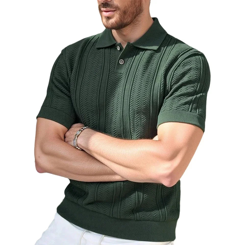 Mens Knit Polo Shirts Short Sleeve Textured Polo Shirt Casual Business Collared Button Shirts