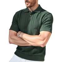 Mens Knit Polo Shirts Short Sleeve Textured Polo Shirt Casual Business Collared Button Shirts