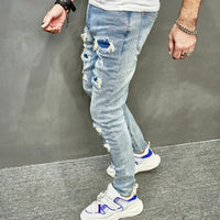 Skinny Denim Pants Men Jeans Holes Vintage Wash Pencil Pants 2025 Pockets Solid Casual Slim Fit Punk Style Spliced Distressed