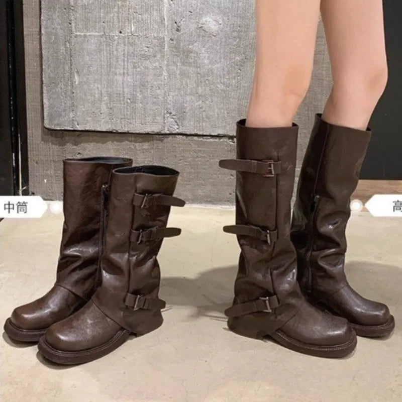 High Boots Fashion New Round Toe Platform Metal Belt Buckle Anti-slip Wear-resistant Block Heel Single Boots