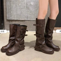 High Boots Fashion New Round Toe Platform Metal Belt Buckle Anti-slip Wear-resistant Block Heel Single Boots