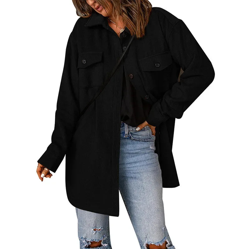 Winter Women Woolen Coat Top Elegant New 2024 Fashion Long Sleeve Turn Down Collar Single Breated Pocket Loose Jacket Outwear
