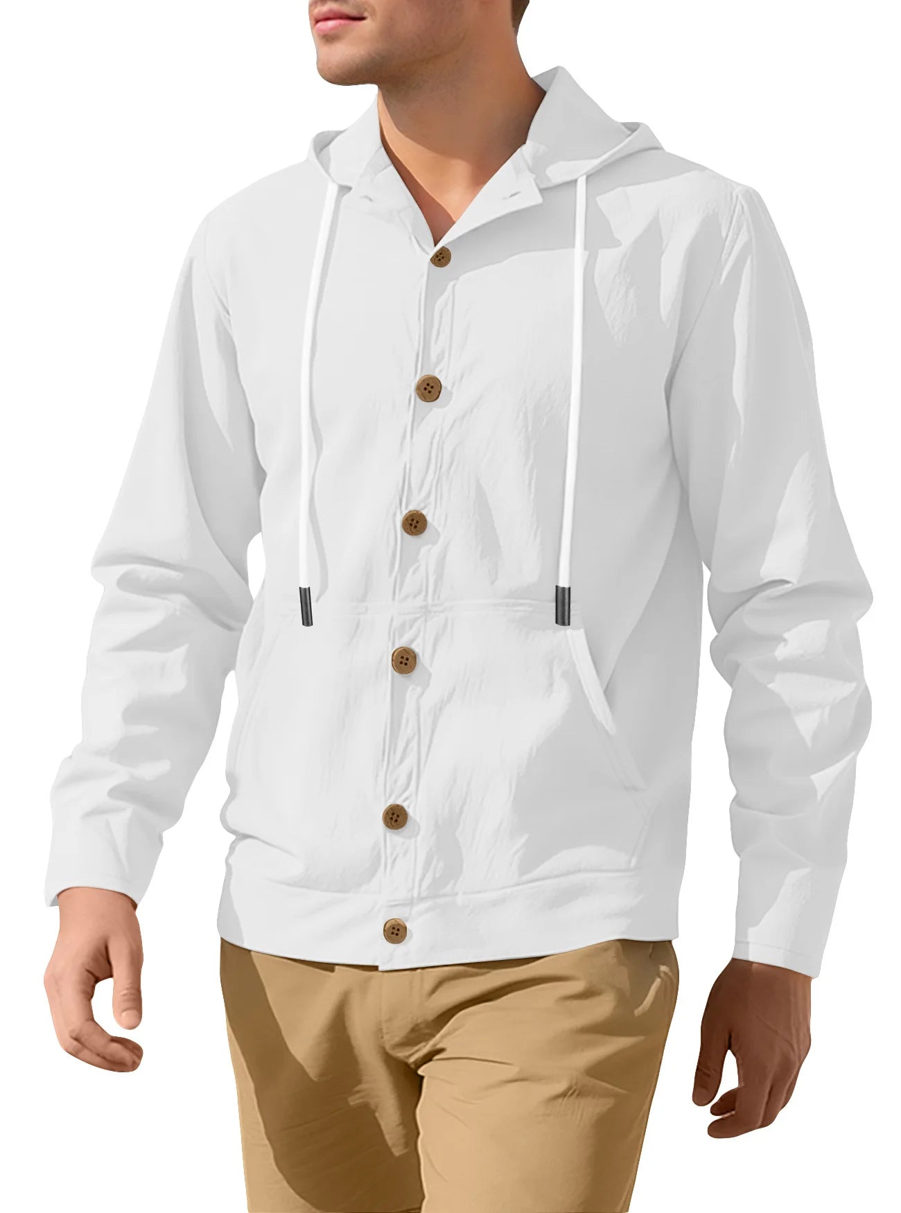 European and American Men's Button-up Shirt Loose Cotton Linen Casual Simple Beach Hooded Long-sleeved Jacket