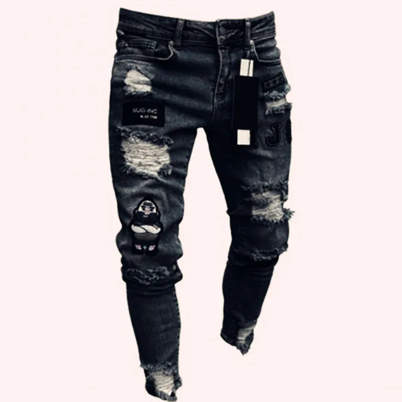 2023 Fashion Street Style Ripped Skinny Jeans Men Vintage wash Solid Denim Trouser Mens Casual Slim fit Black Blue denim Pants