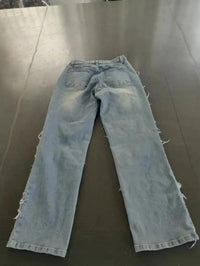 Y2K 90s Street Style Women's Vintage Fringed Distressed Flare Jeans - High Stretch Unique Tassel Design Hip Hop Fashion for All