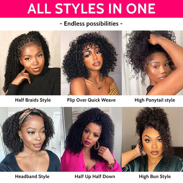 Glueless Human hair Wigs Kinky Curly Headband Wig Upgrade 3 IN 1 Half Wig With Drawstring Seamless Clip Ins Flip Over For Women