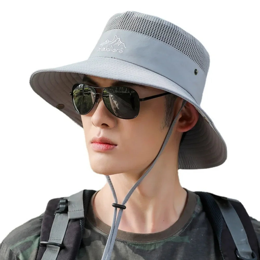 UPF 50+ Wide Brim Fisherman Hat Mesh Breathable Sun Hat for Fishing Hiking Outdoor Windproof Sunscreen Cap 56-59cm Hats for Men