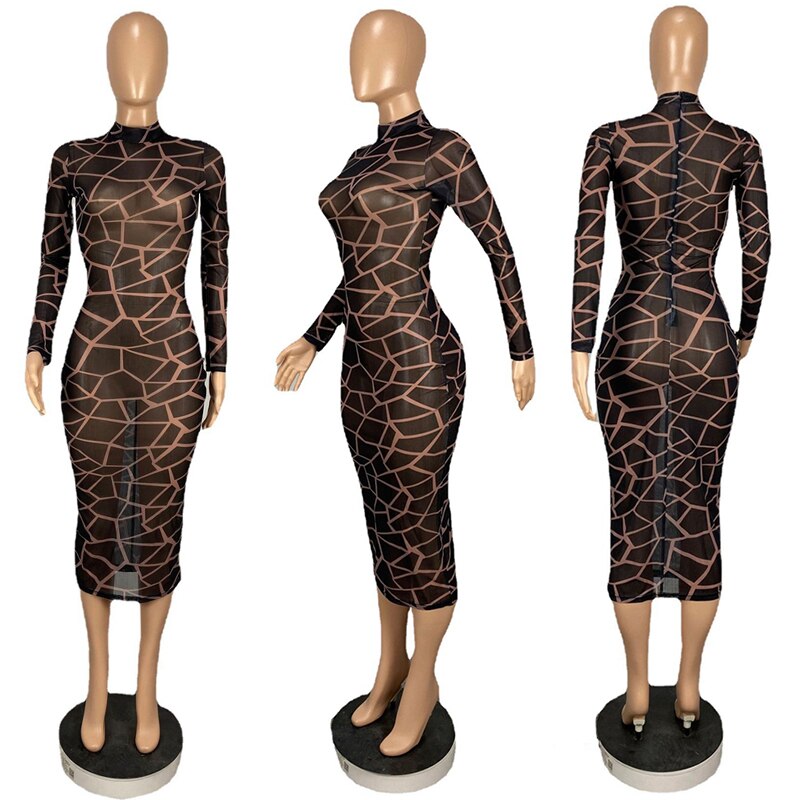 Print Bodycon Midi Party Dress Women Long Sleeve Sheath Slim Transparent Sheer Mesh Dress Elegant Vintage Night Club Sexy Dress